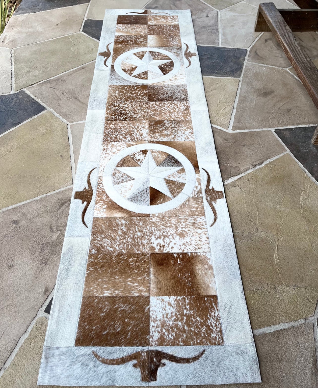 Western Patchwork Cowhide Rug – Longhorns & Stars (8' x 2')