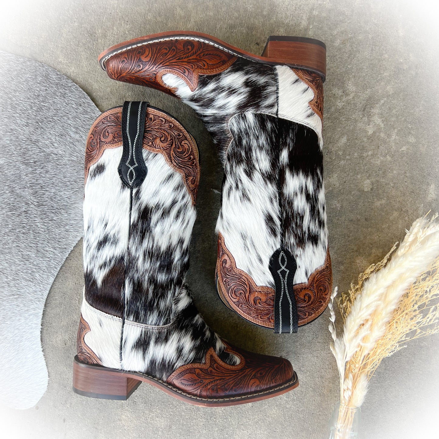 Classic Boujee Cowgirl Western Cowhide & Tooled Leather Boots - Square Toe*
