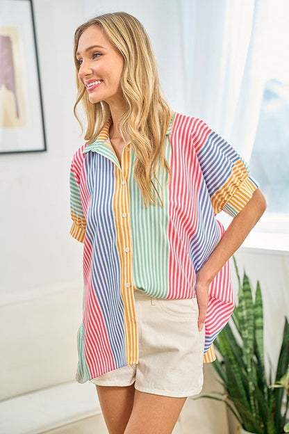 First Love Full Size Striped Button Down Short Sleeve Shirt - Online Exclusive