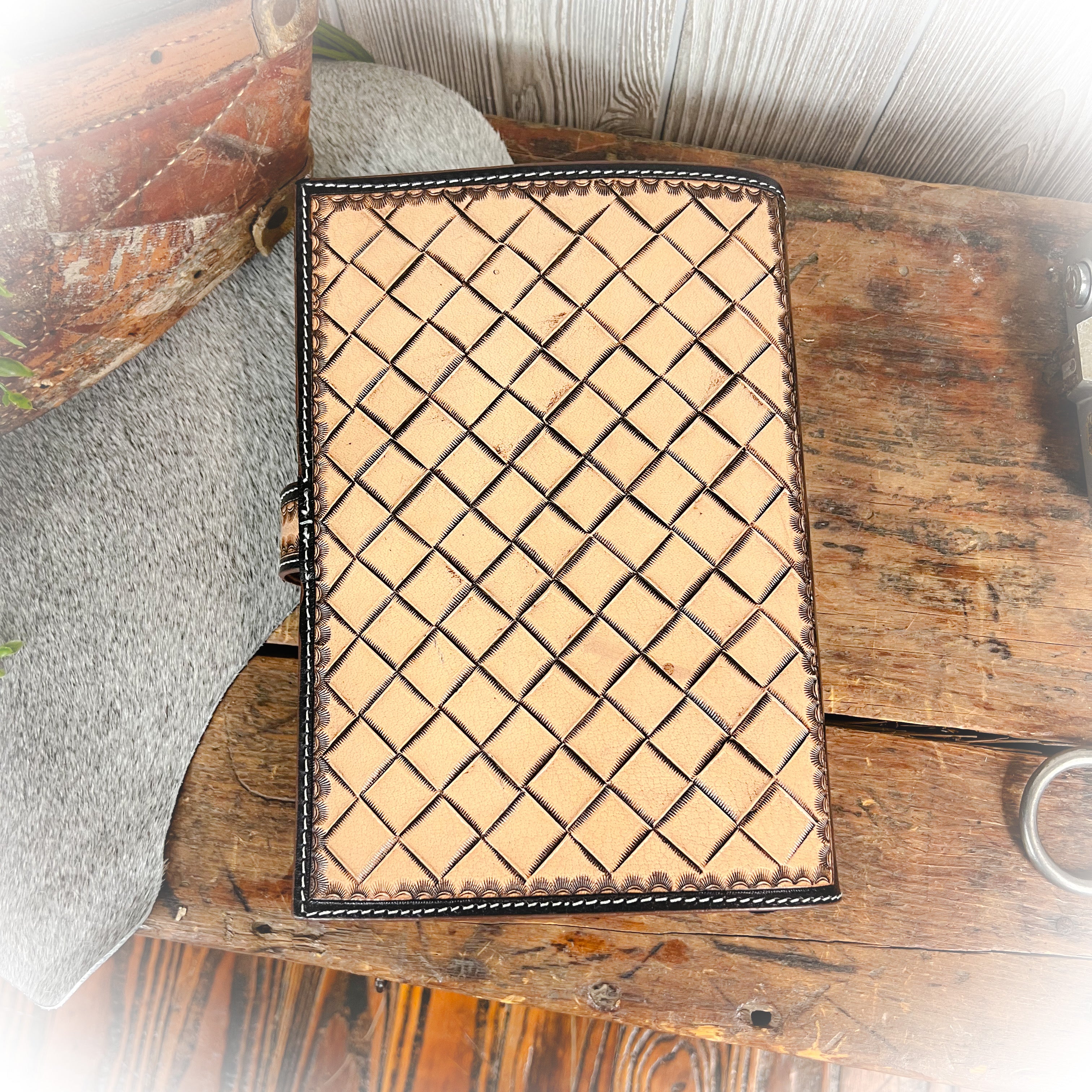 Desert Bloom Western Tooled Leather & Cowhide Bible Cover - Cactus
