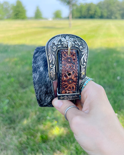 Dreamer Tooled Leather & Cowhide Western Belt