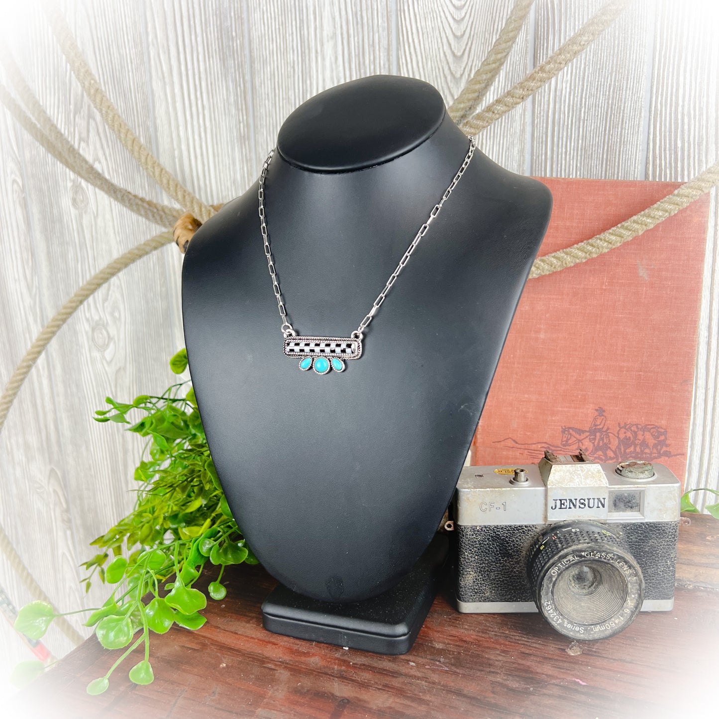 Western Checkered Bar Necklace with Turquoise Stones – Silver Cowgirl Jewelry
