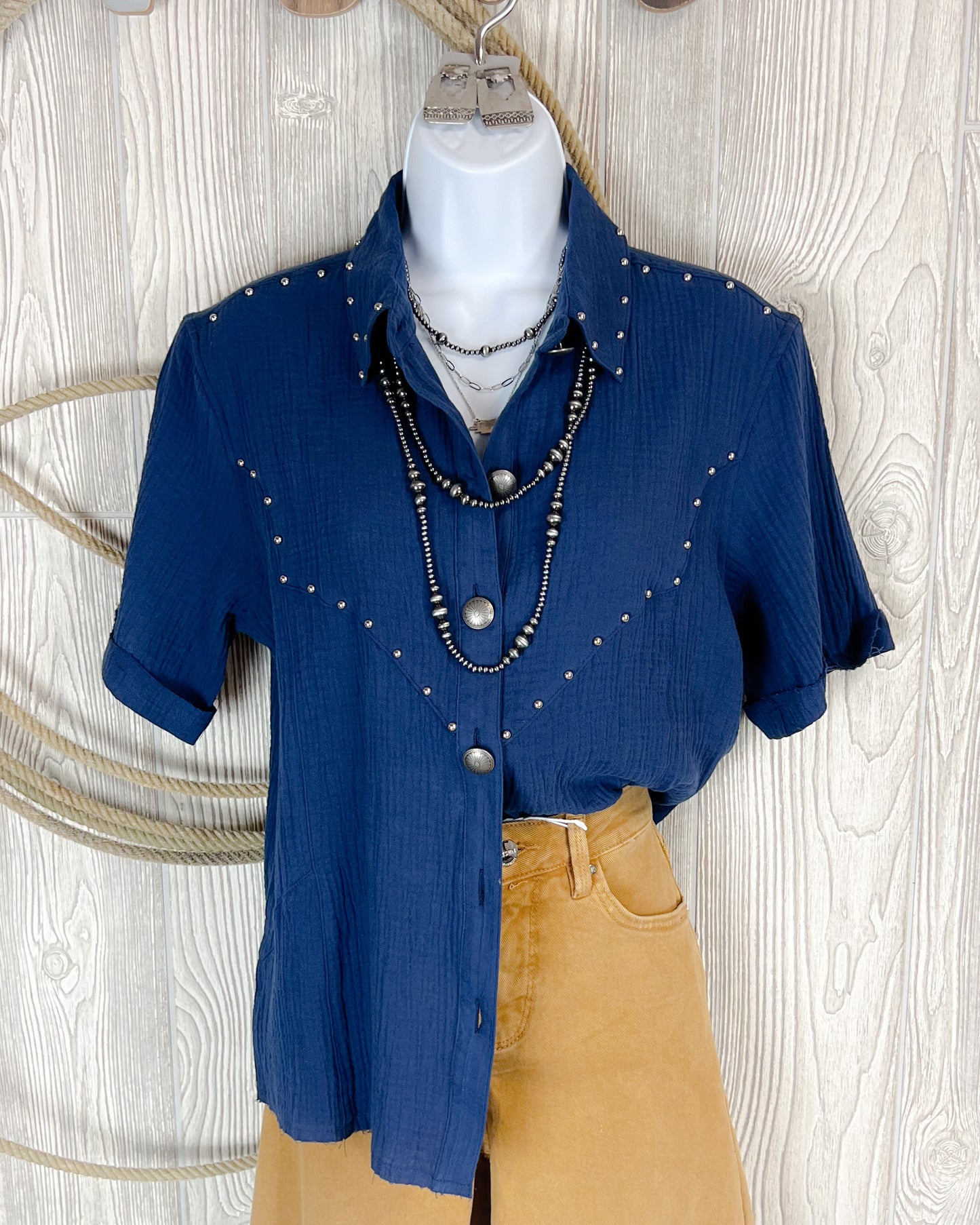 Midnight Rodeo Studded Button Top – Navy