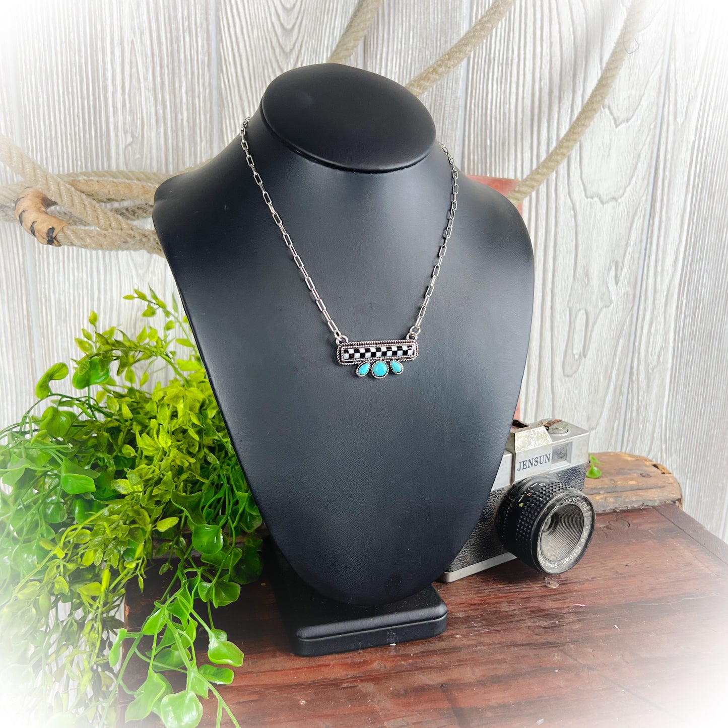 Western Checkered Bar Necklace with Turquoise Stones – Silver Cowgirl Jewelry