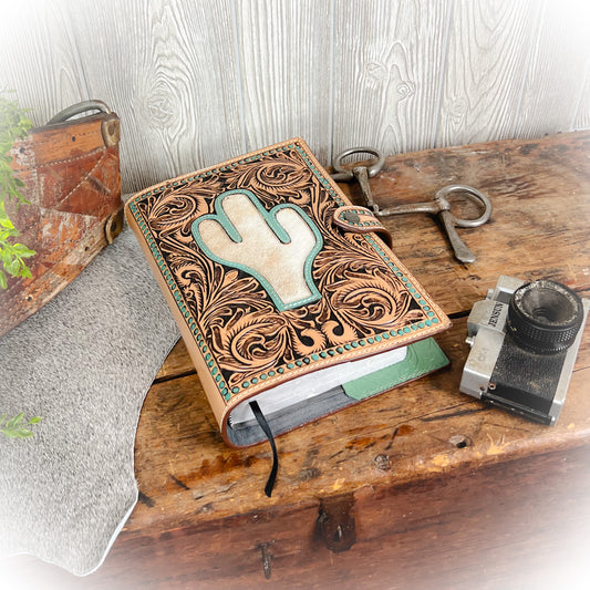 Desert Bloom Western Tooled Leather & Cowhide Bible Cover - Cactus