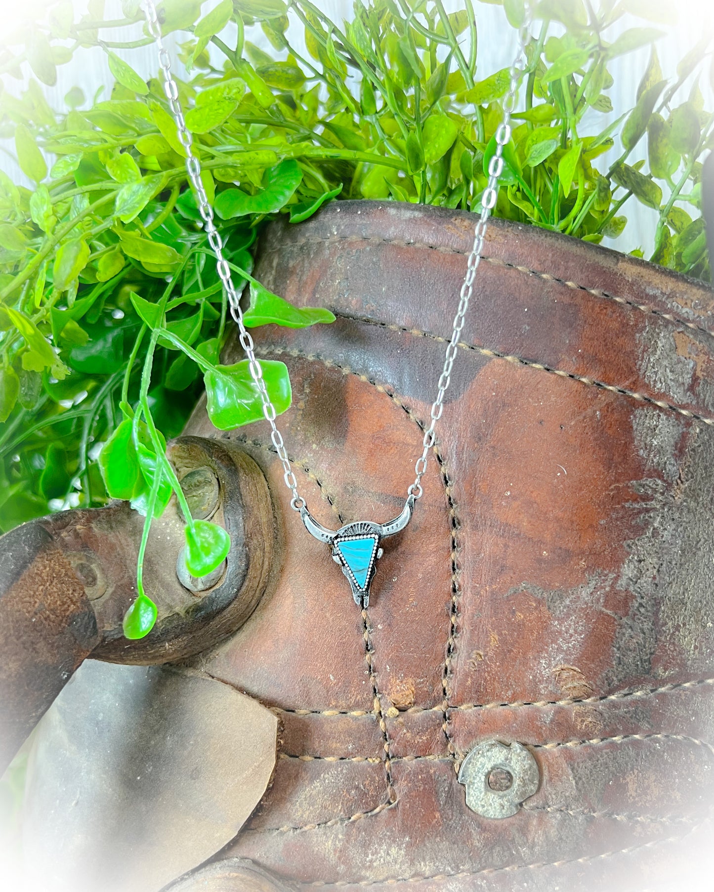 Western Steer Head Necklace - Turquoise