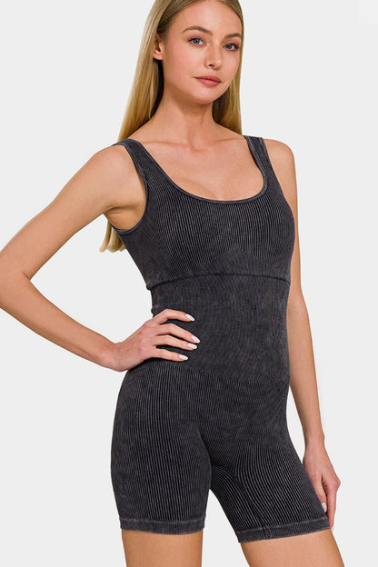 Washed Ribbed Romper with Pad - Online Exclusive