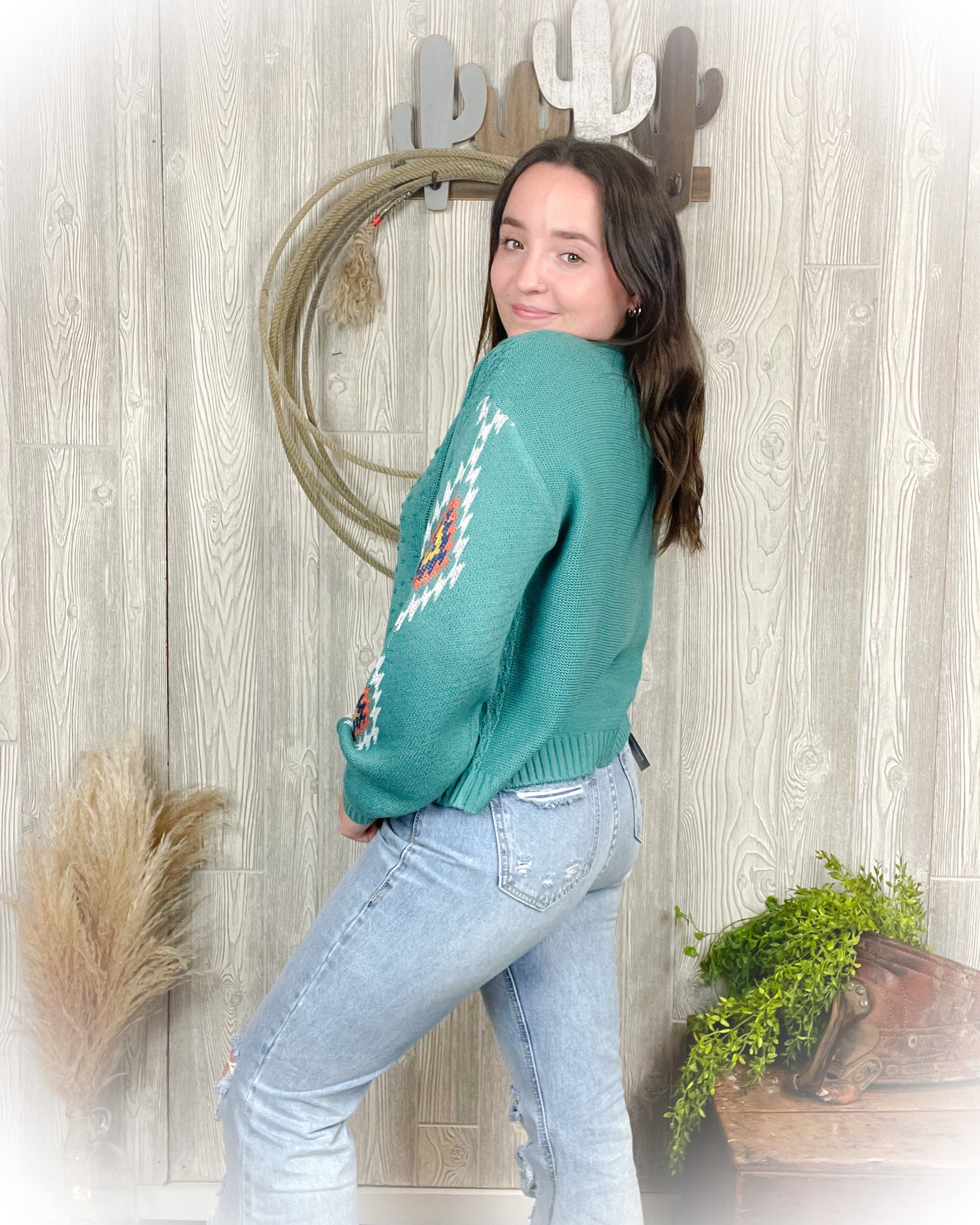 Western Aztec Sweater - Turquoise