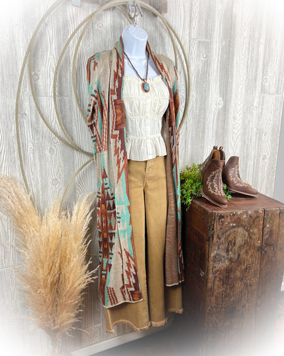 Fall Turquoise Canyon Aztec Duster Sweater Cardigan