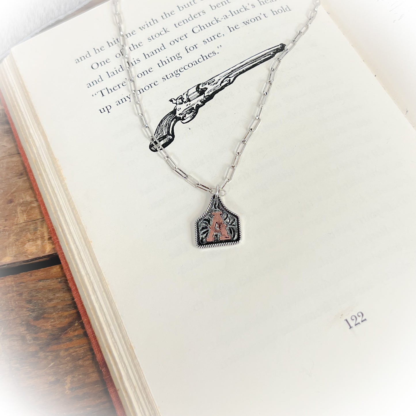 Small Western Cow-Tag Initial Necklace - Silver & Copper
