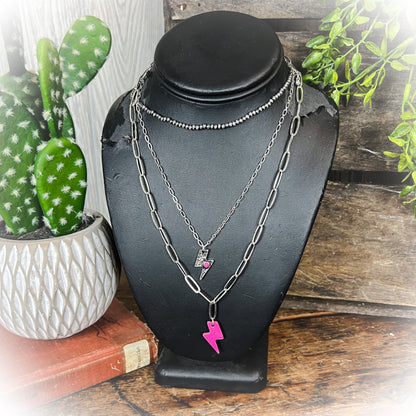 Lightning Bolt Layered Necklace - Hot Pink