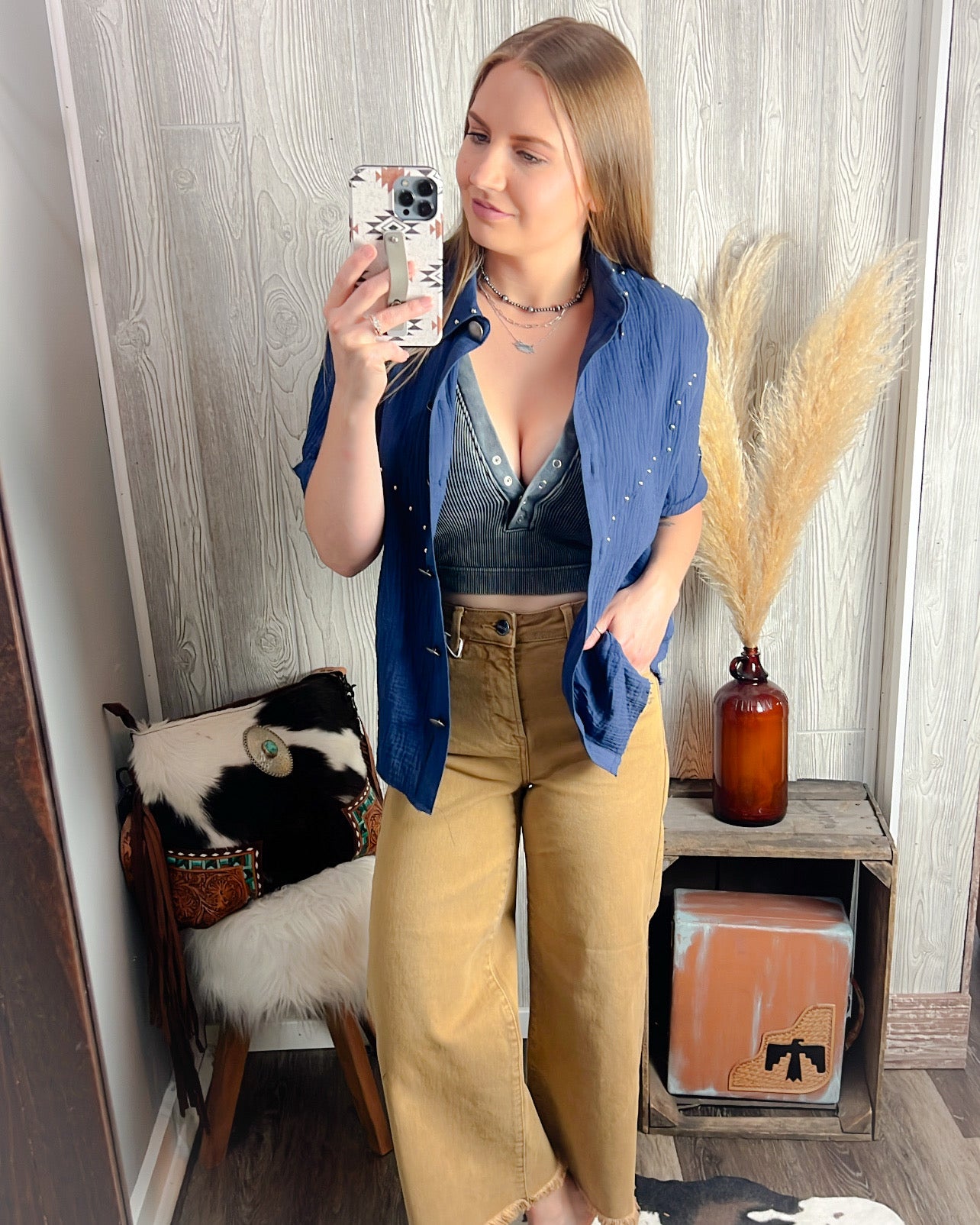 Midnight Rodeo Studded Button Top – Navy