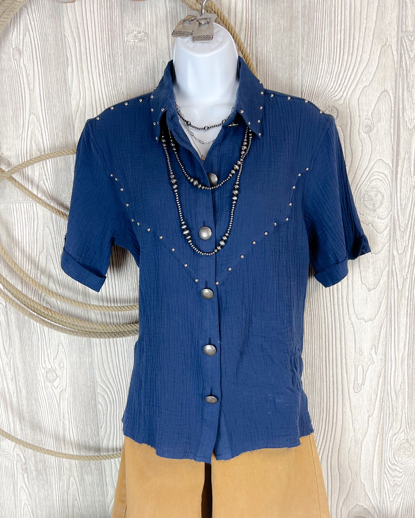 Midnight Rodeo Studded Button Top – Navy