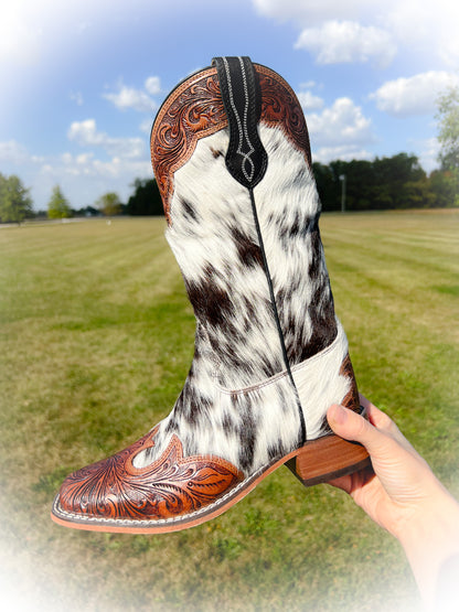 Classic Boujee Cowgirl Western Cowhide & Tooled Leather Boots - Square Toe*