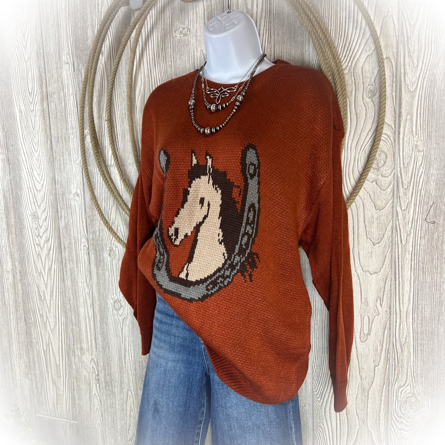 Oversized Western Horseshoe & Horse Head Sweater | Burnt Orange