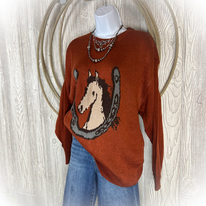 Oversized Western Horseshoe & Horse Head Sweater | Burnt Orange