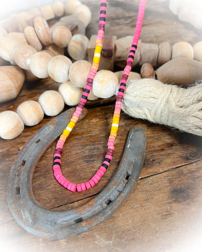 Western Wood Beaded Necklace - Hot Pink