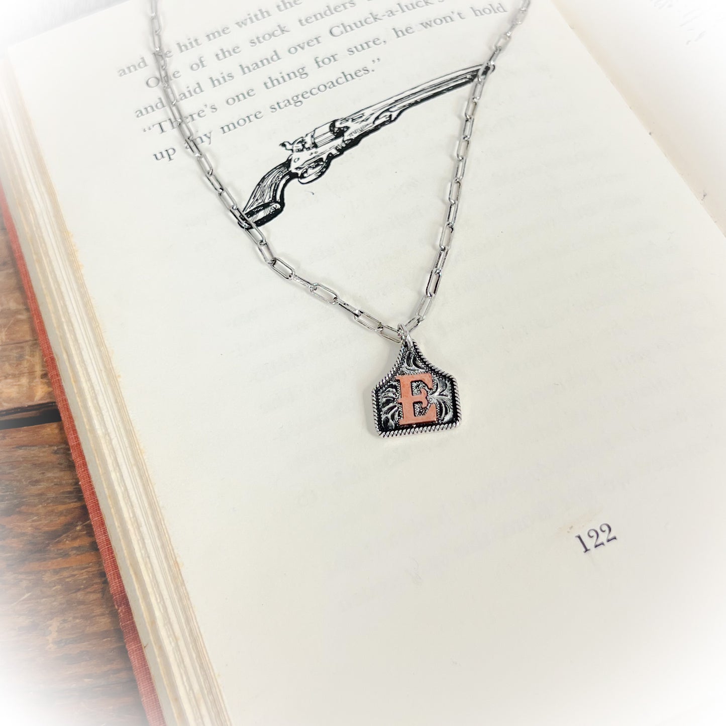 Small Western Cow-Tag Initial Necklace - Silver & Copper