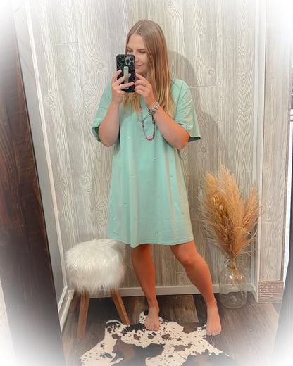 Turquoise Rhinestone - Tee Shirt Dress