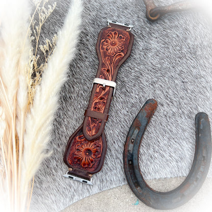 Lone Star Tooled Leather Watch Band - Antique Mahogany Color - 38mm-41mm