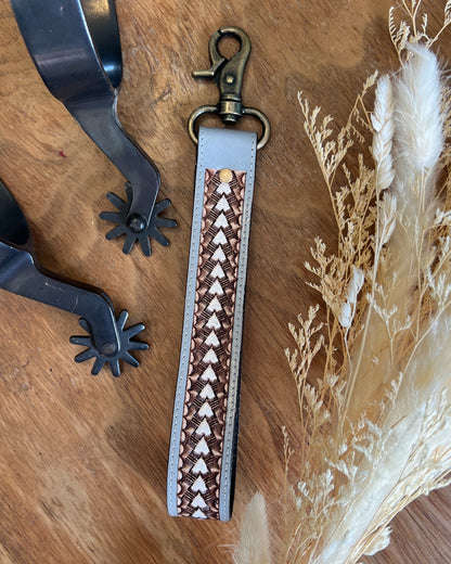 Grey & White Tooled Leather Keychain – Western Concho