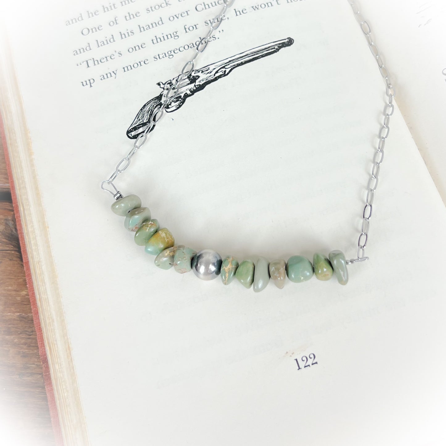 Sage – Green Turquoise Chip Stone Necklace with Sterling Silver Pearl