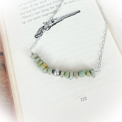 Sage – Green Turquoise Chip Stone Necklace with Sterling Silver Pearl