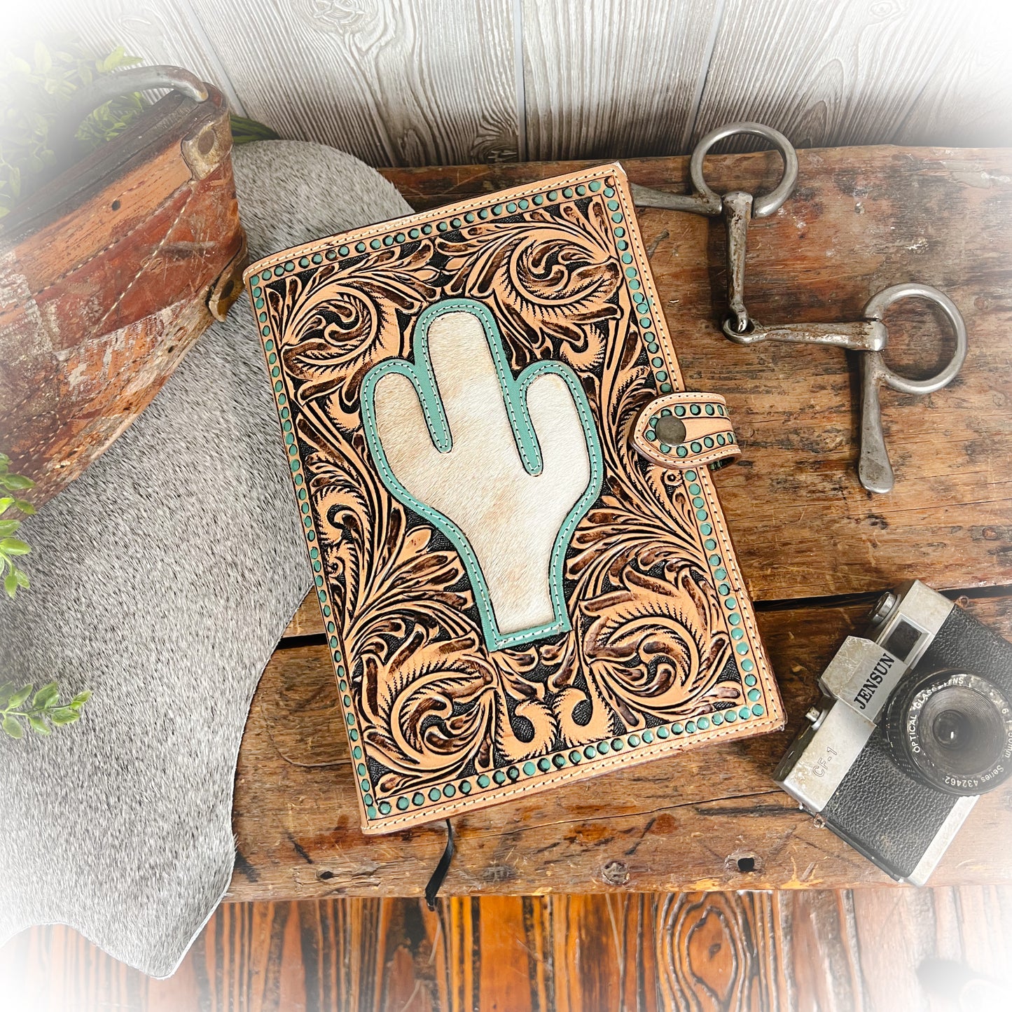 Desert Bloom Western Tooled Leather & Cowhide Bible Cover - Cactus