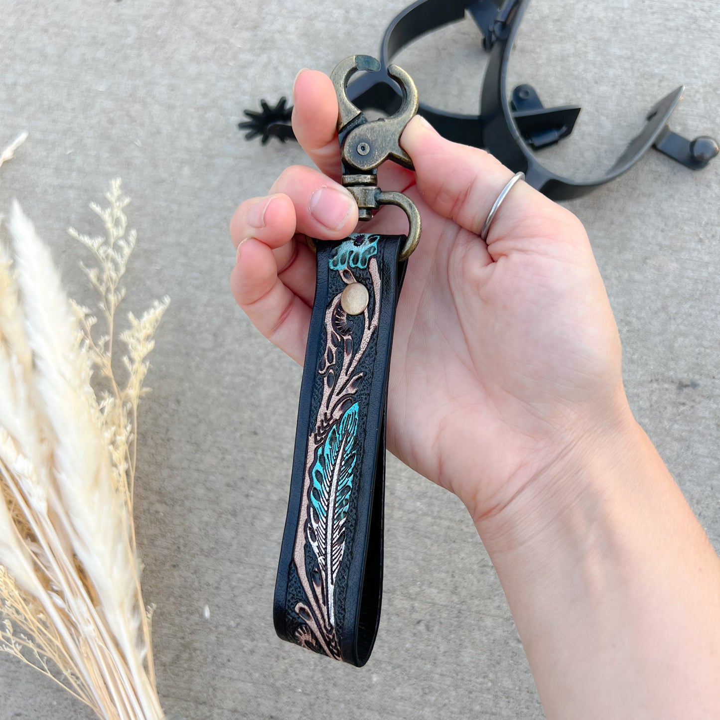 Canyon Feather Tooled Leather Keychain