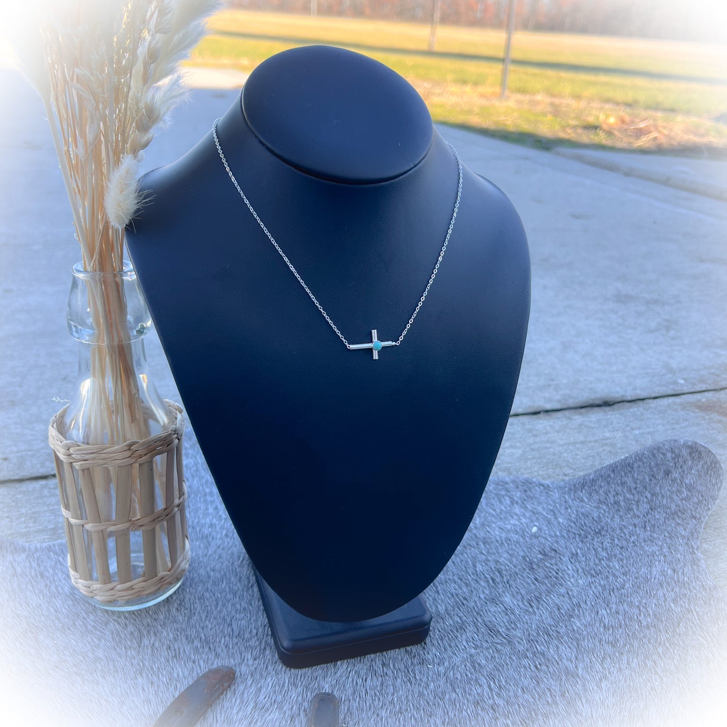 Horizontal Turquoise Cross Necklace - Sterling Silver