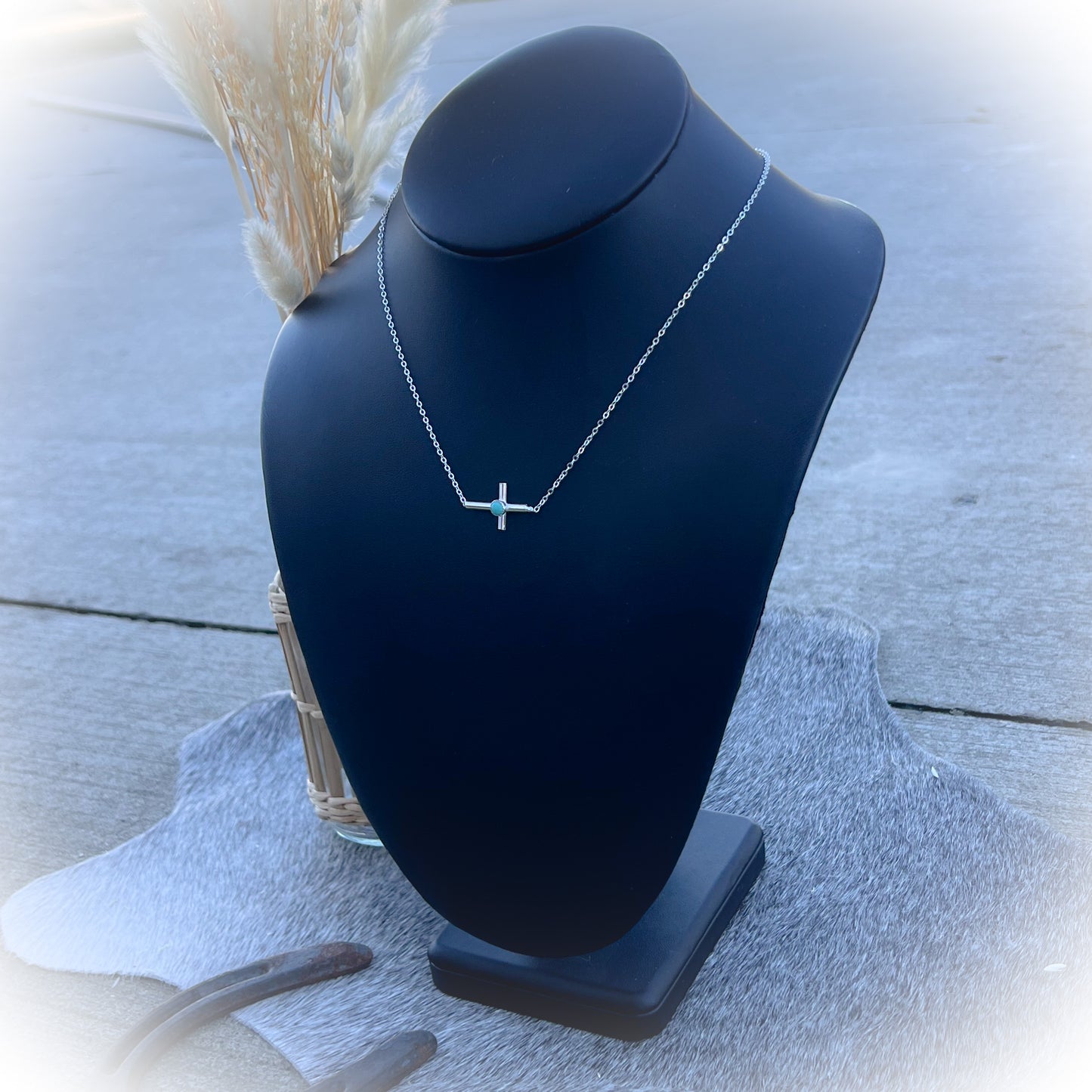 Horizontal Turquoise Cross Necklace - Sterling Silver