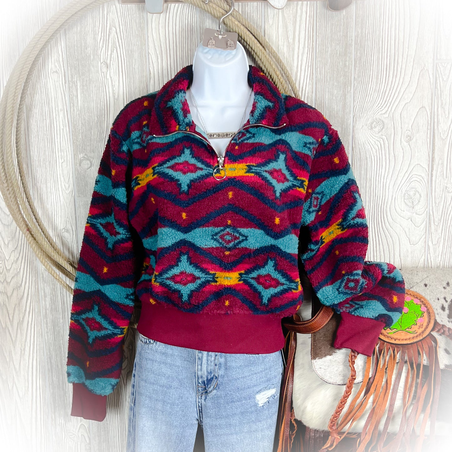 Aztec Sherpa Quarter Zip Sweater - Burgandy