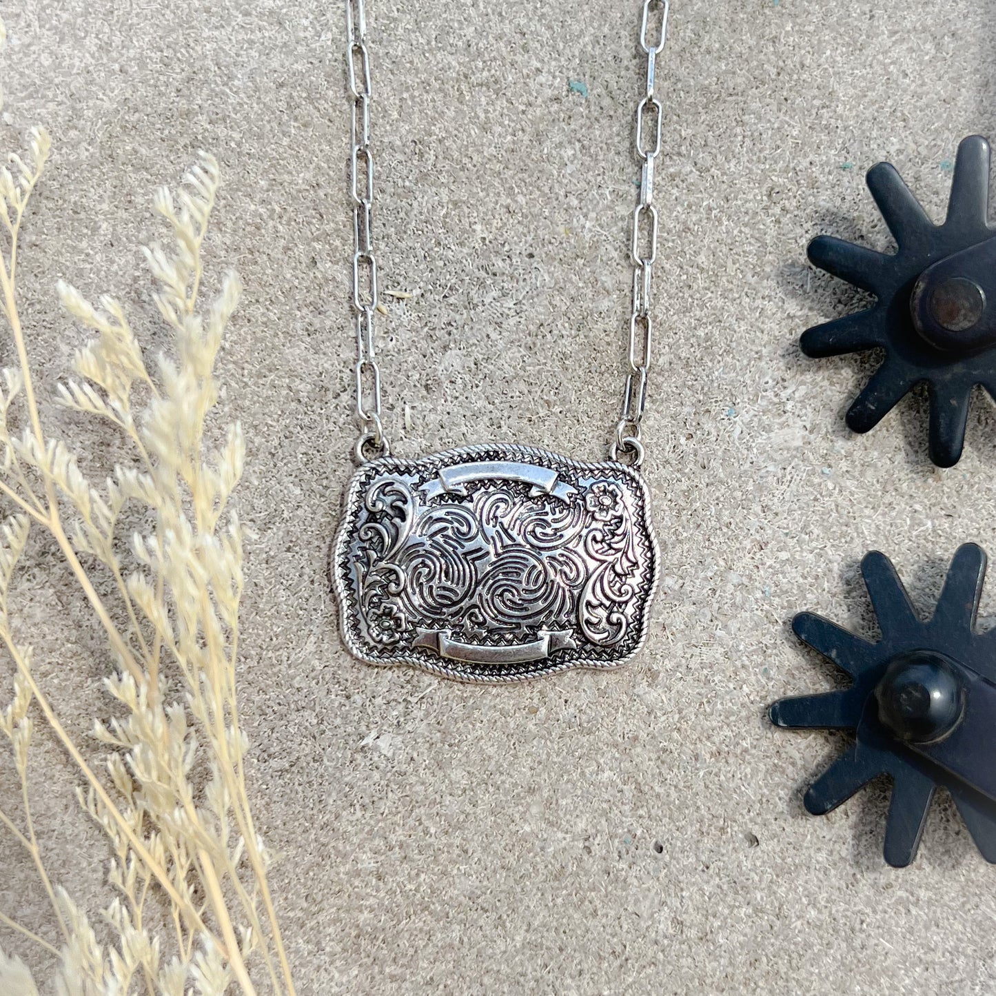 Wild West Buckle Necklace – Silver Paperclip Chain Pendant