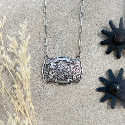 Wild West Buckle Necklace – Silver Paperclip Chain Pendant