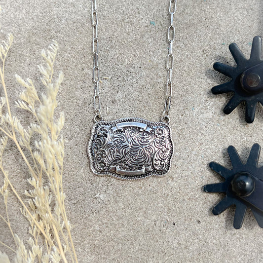 Wild West Buckle Necklace – Silver Paperclip Chain Pendant