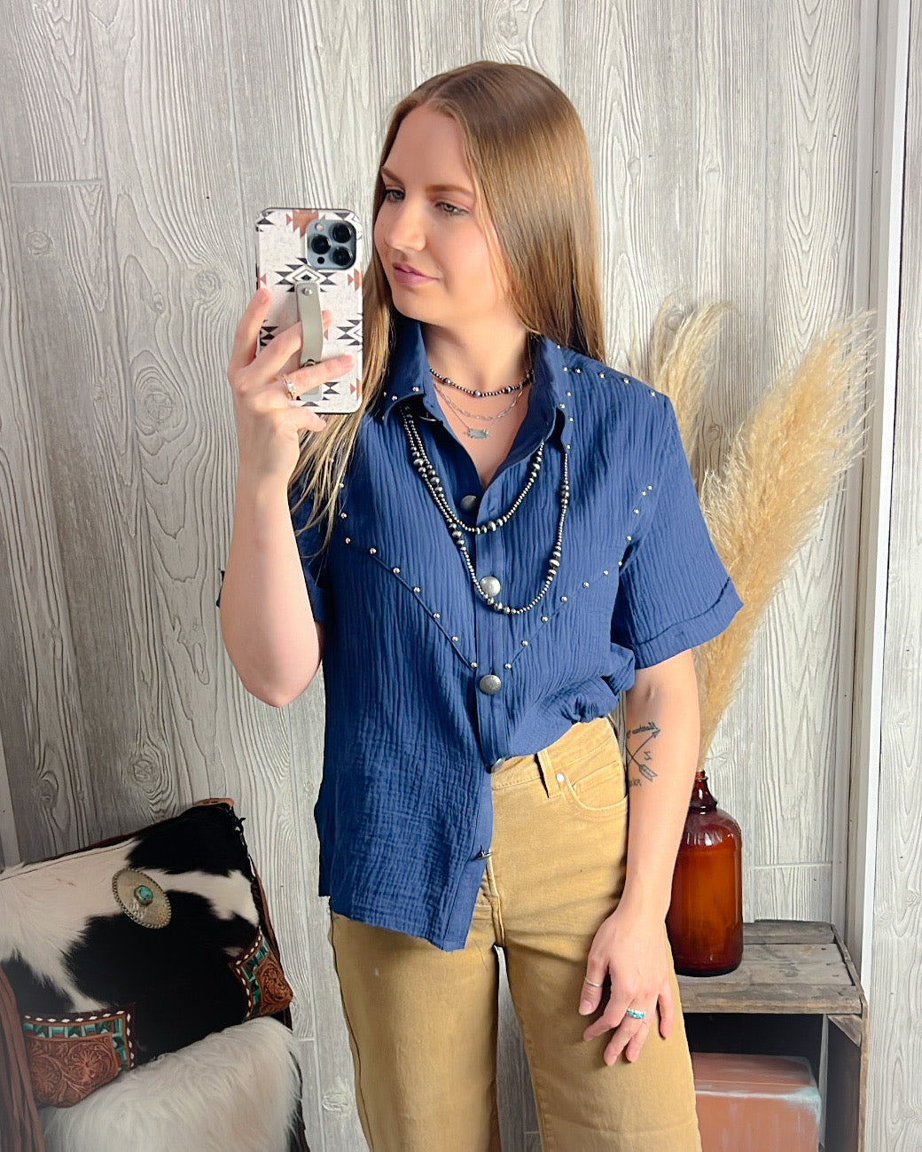 Midnight Rodeo Studded Button Top – Navy