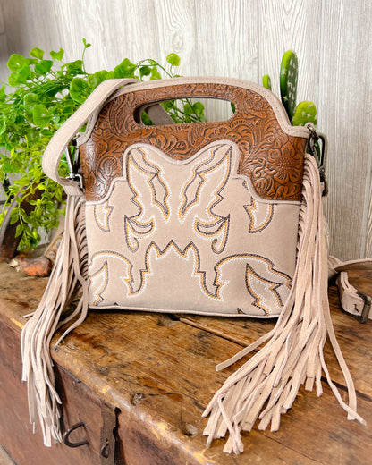 Desert Dreamer Tooled Leather Crossbody – Fringe & Boot Stitch Detail