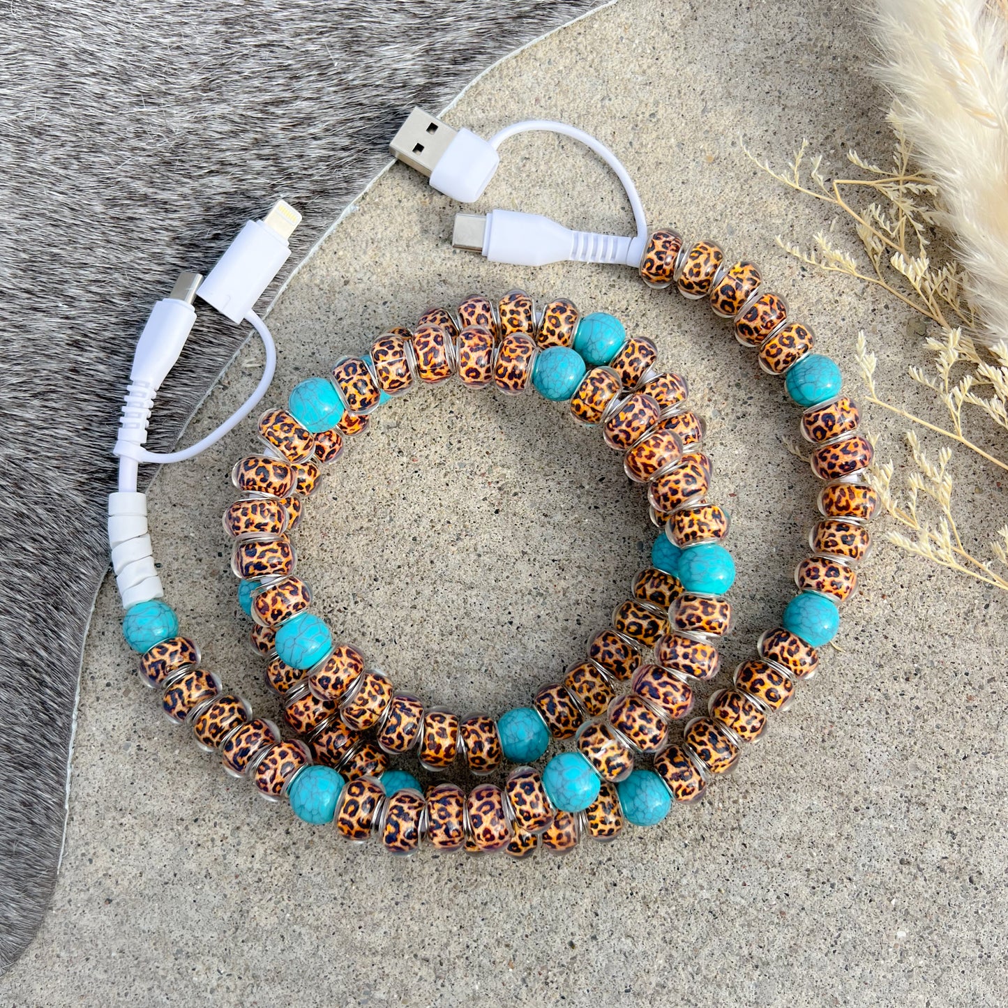 Cheetah Print & Turquoise Beaded Charging Cord
