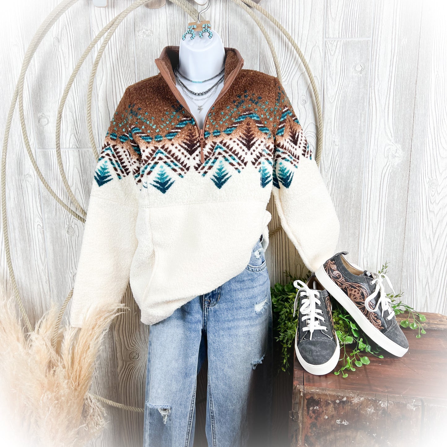Western Berber Quarter-Zip Pullover – Bordered Cowgirl Style