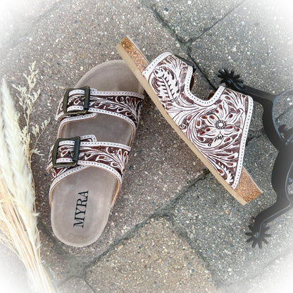 Rodeo Nights Western Tooled Leather Sandal Slides - Brown & White