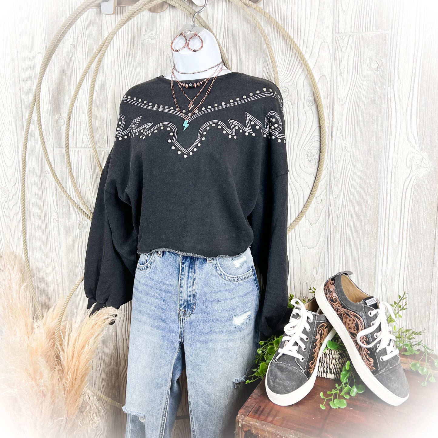 Western Studded Boot Stitch Cropped Crewneck Sweater