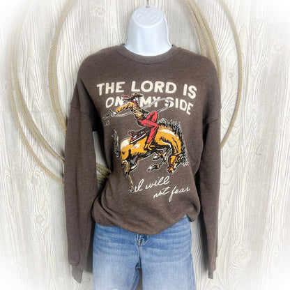 “The Lord Is On My Side” Western Cowboy Graphic Pullover – Mineral Brown Christian Rodeo Sweatshirt (Psalm 118:6)