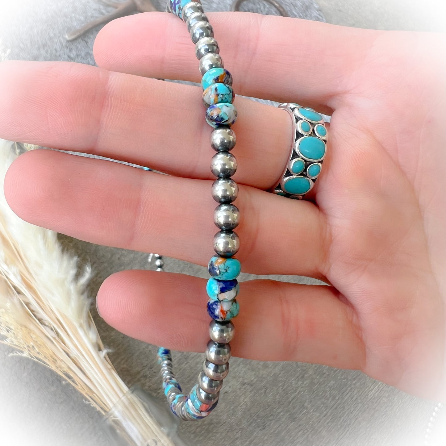 Western Sterling Silver Pearl Necklace with RARE Lapis, Spiny Oyster & Turquoise – 18" + 3" Extension