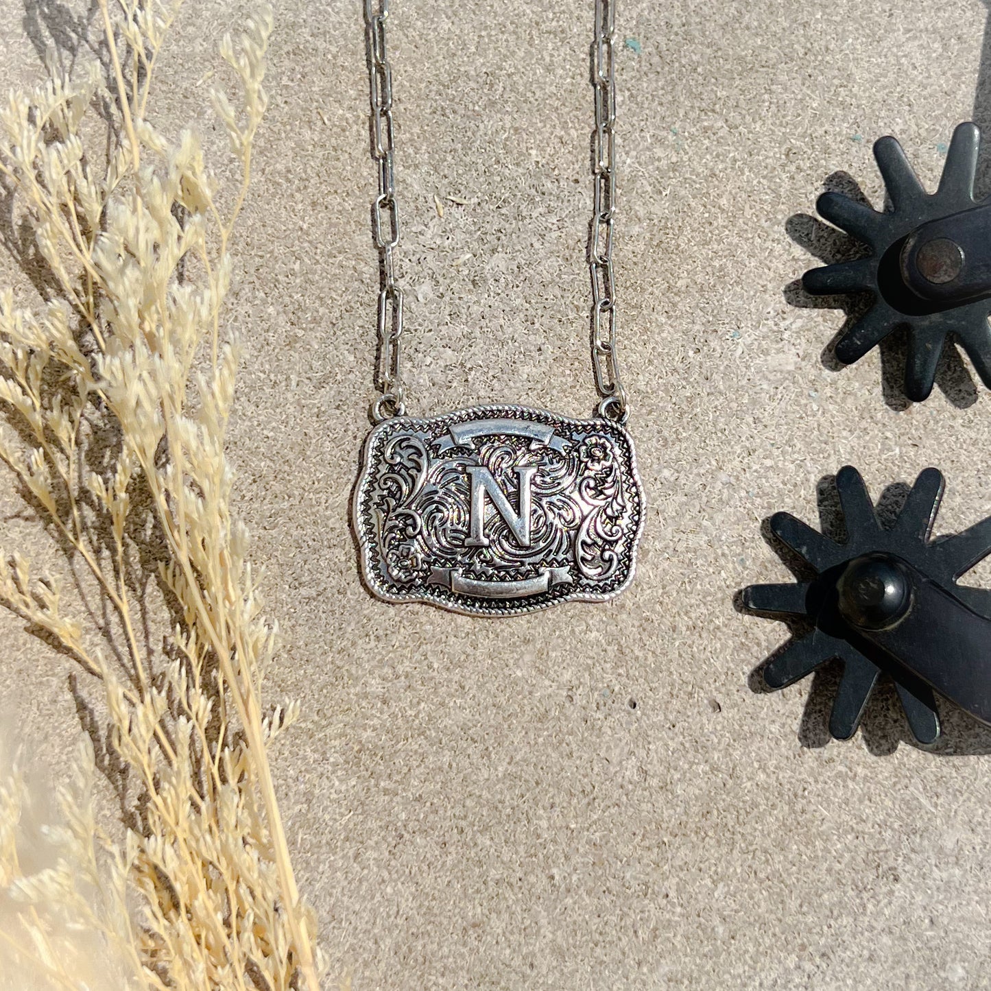 Western Buckle Initial Necklace – Bold Letter Pendant on Paperclip Chain
