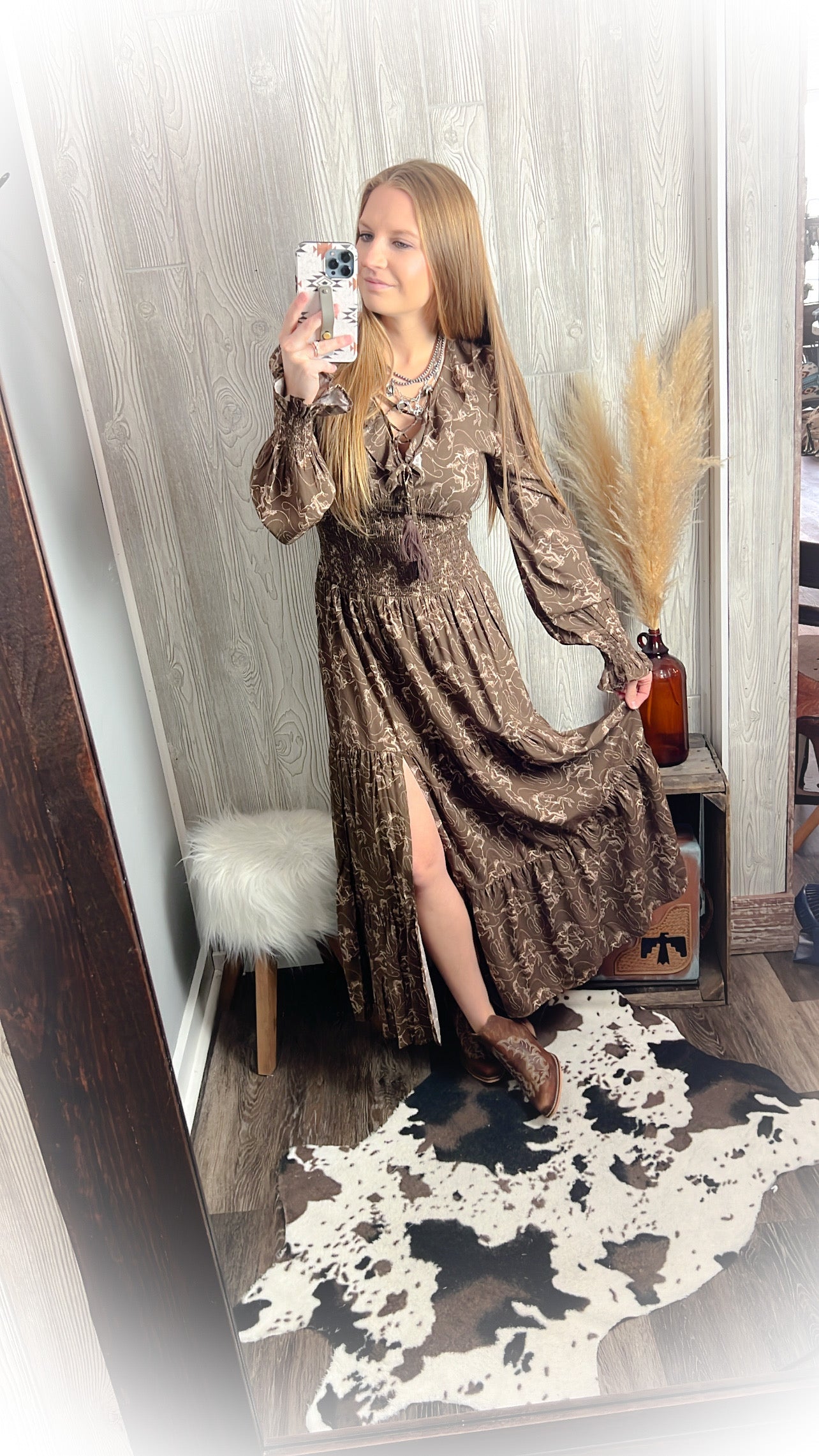 Cowgirl Rider Tiered Western Dress – Brown Small