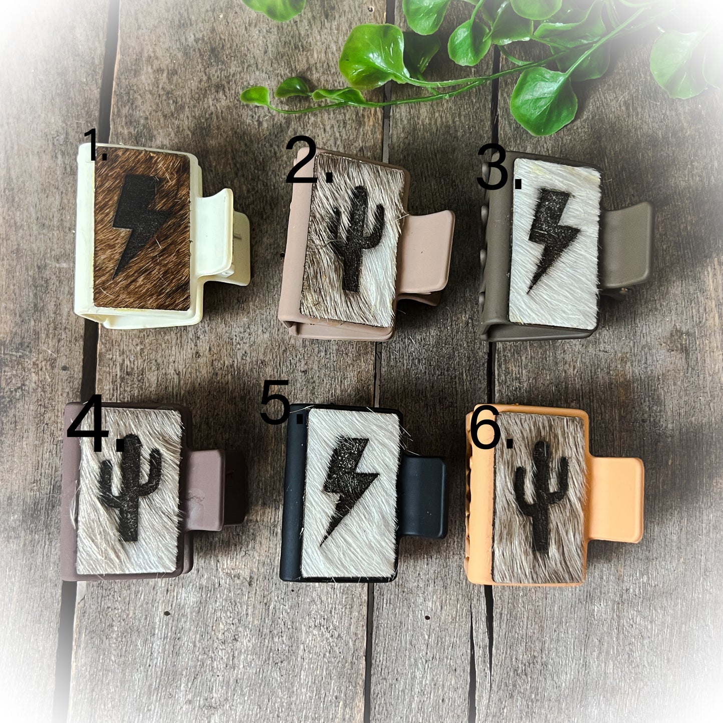 Cactus/Lightning Bolt Western Cowhide Claw Clips