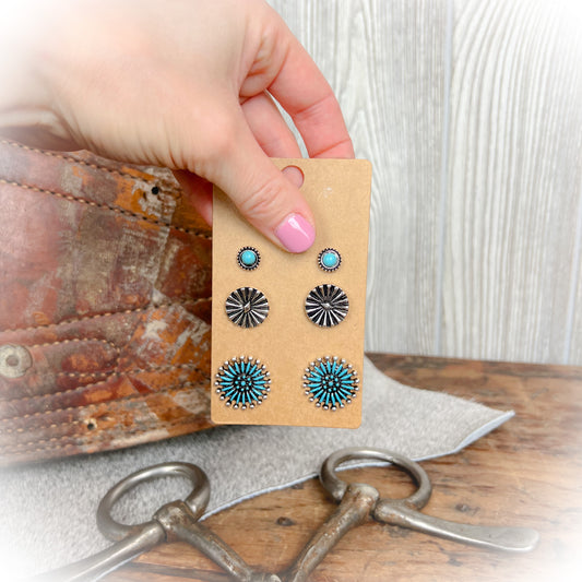 Ritzy Western Concho Earrings Set | Faux Turquoise Concho Stud Earrings (3-Pair Set)
