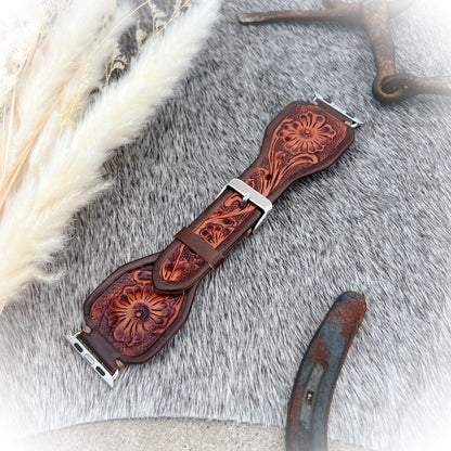 Lone Star Tooled Leather Watch Band - Antique Mahogany Color - 38mm-41mm