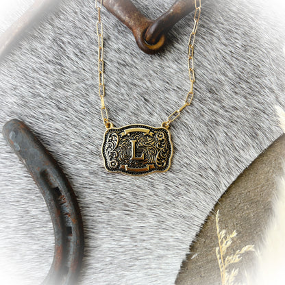 Western Buckle Initial Necklace - Antique Gold