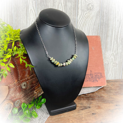 Sage – Green Turquoise Chip Stone Necklace with Sterling Silver Pearl